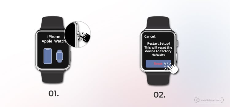 One Apple Watch on left with a hand symbol pressing Digital Crown and one Apple Watch on right side with hand button pressing Reset on the watch