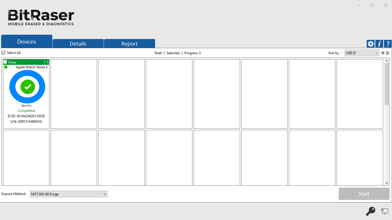 BitRaser Mobile Eraser & Diagnostics main screen showing green tick on Apple Watch denoting successful erasure of Apple Watch