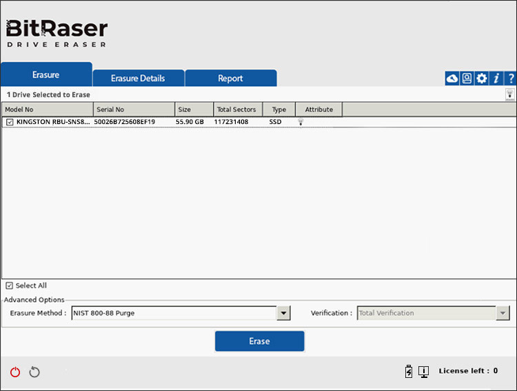 BitRaser Drive Eraser main screen