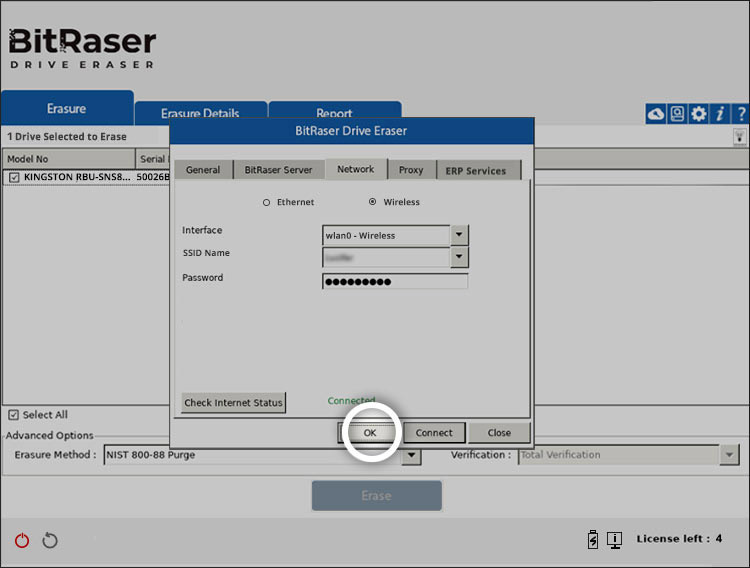 BitRaser Drive Eraser Network tab screen with OK button highlighted