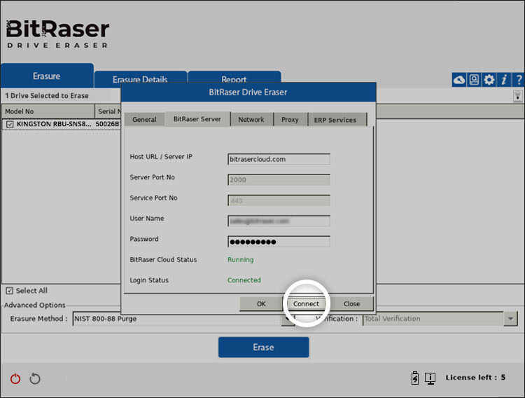 BitRaser Drive Eraser BitRaser Server screen with Connect highlighted