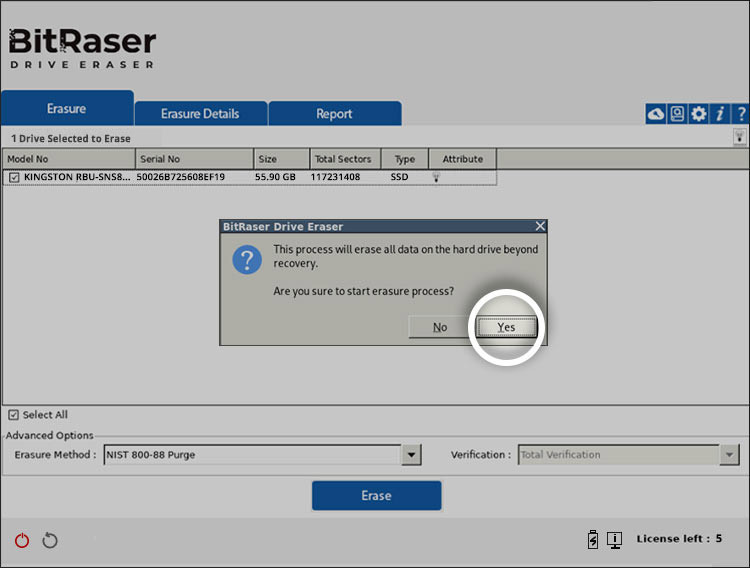 BitRaser Drive Eraser confirm erasure screen with Yes button highlighted