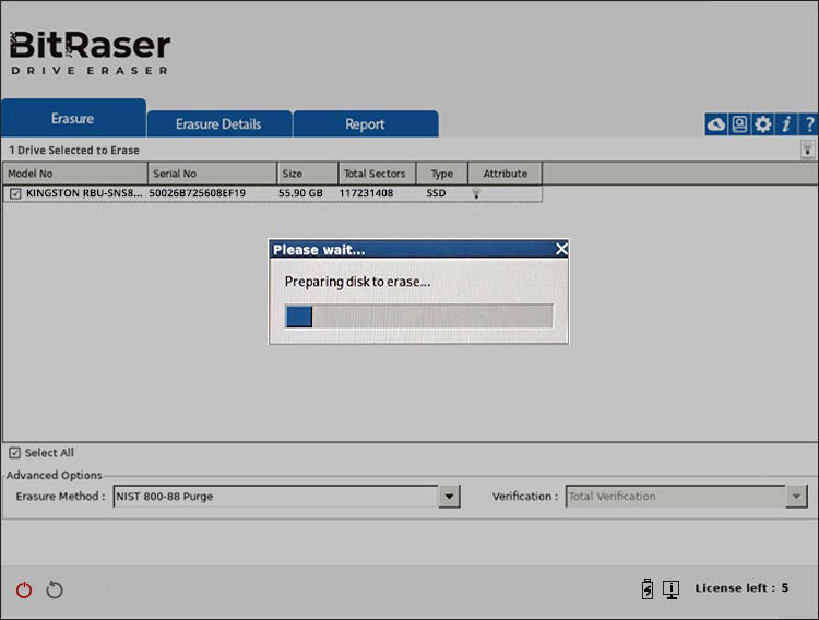 BitRaser Drive Eraser preparing disk to erase screen