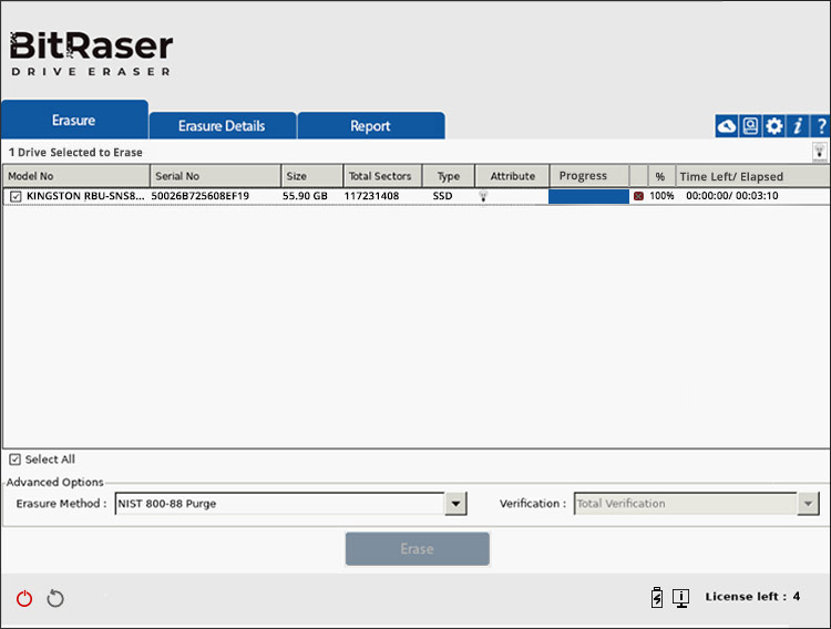 BitRaser Drive Eraser erasure process completion screen