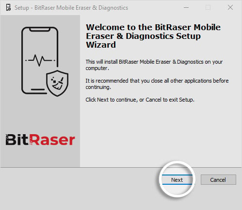 BitRaser Mobile Main Installation Screen Next button highlighted