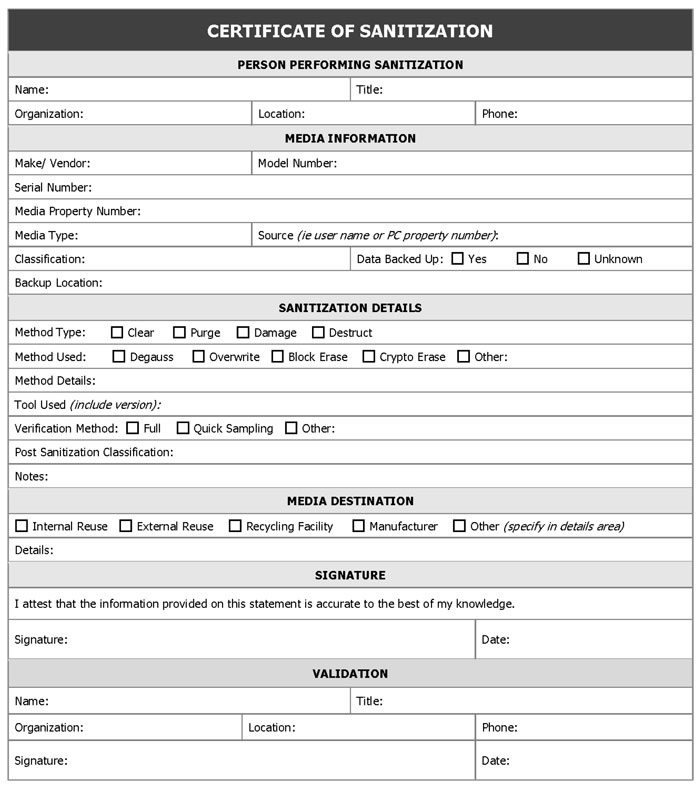 Certificate of sanitization