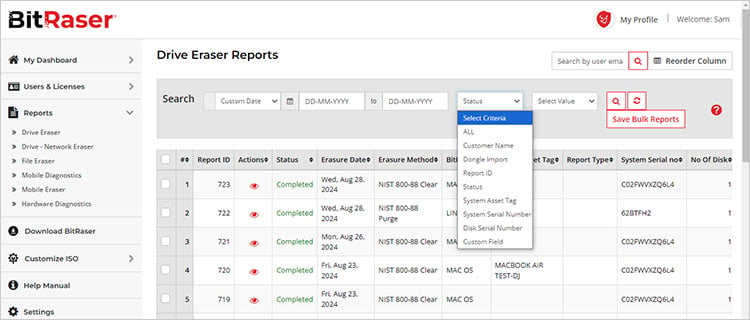 Report Search Criteria Tab BitRaser Cloud Console