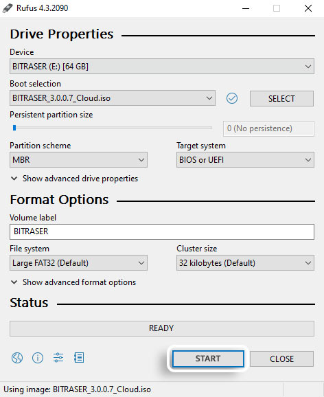 Rufus main interface with BitRaser Cloud ISO selected in Boot selection and Start button highlighted