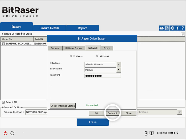  BitRaser Drive Eraser network settings interface with wireless connection selected and Connect button highlighted