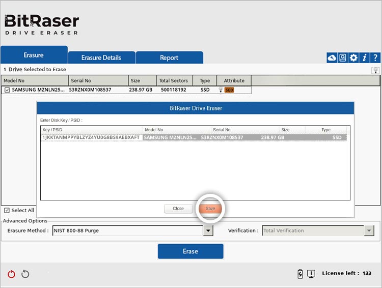 BitRaser Drive Eraser SED PSID number input windows with Save button highlighted