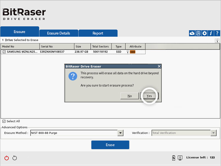  BitRaser Drive Eraser alert windows informing all data will be wiped beyond recovery and Yes button highlighted 