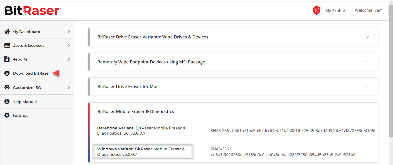 BitRaser Cloud Console Download BitRaser Mobile Eraser & Diagnostics Screen