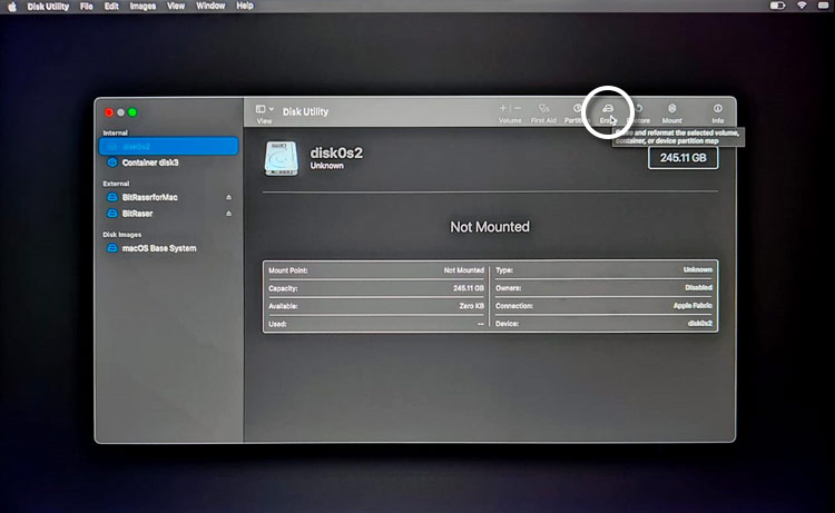 Select disk0s2 then Click Erase