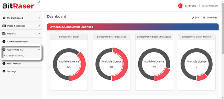 BitRaser Cloud Console Main Screen with Customize ISO section highlighted