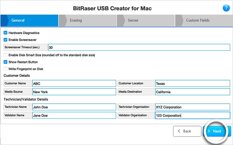 General tab of BitRaser USB Creator for Mac Customization Next button highlighted