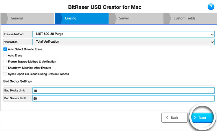 Registerkarte „Löschen“ von BitRaser USB Creator for Mac Customization Nächste Taste hervorgehoben