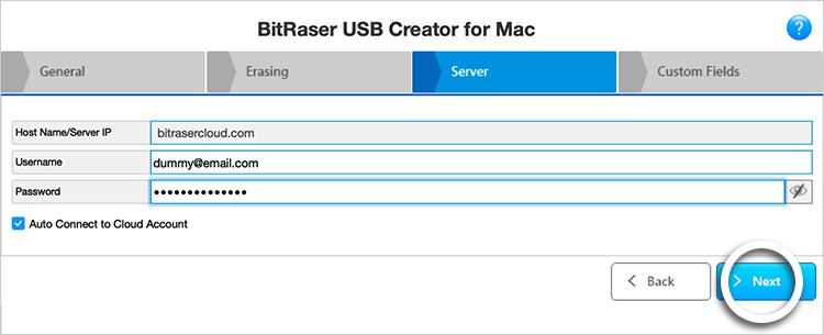 Server tab of BitRaser USB Creator for Mac Customization Next button highlighted