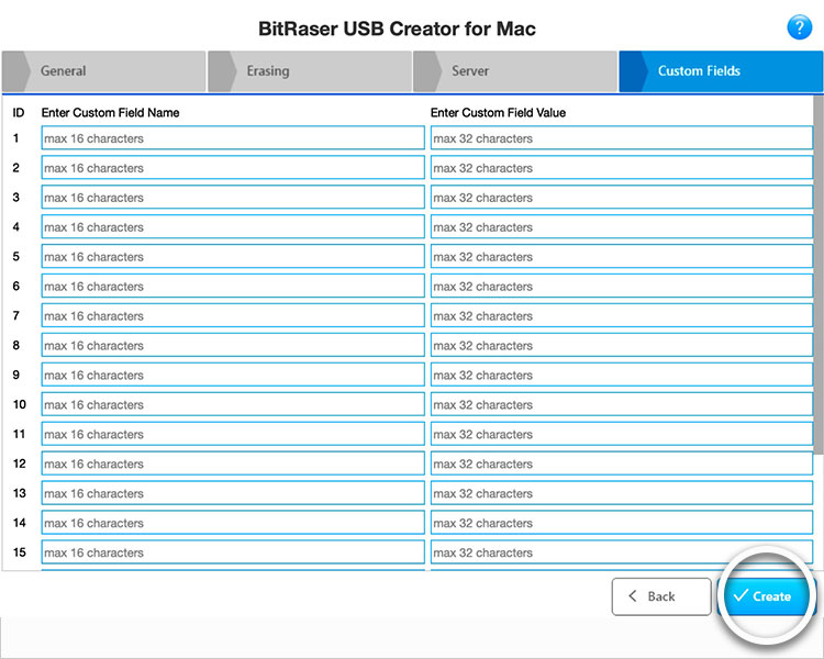 Registerkarte „Benutzerdefinierte Felder“ von BitRaser USB Creator for Mac Customization Schaltfläche „Erstellen“ hervorgehoben