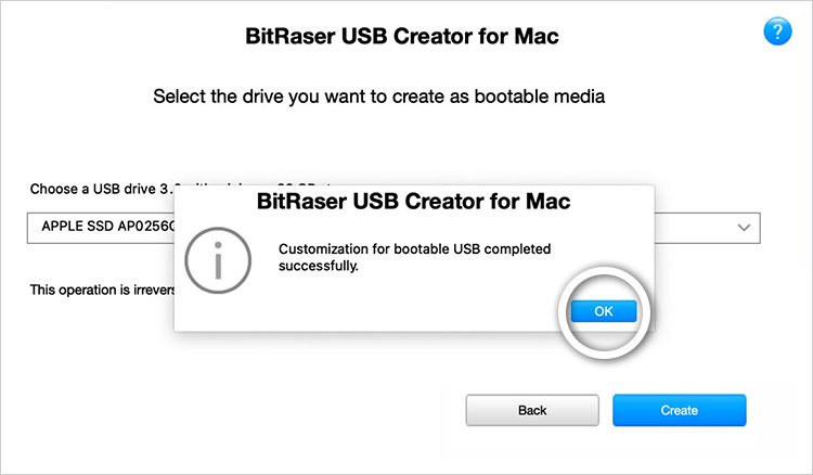 Anpassung Erfolgreicher Bildschirm von BitRaser USB Creator für Mac