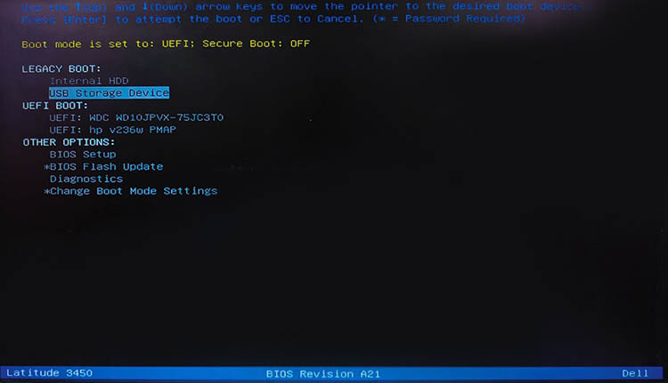 Dell Laptop UEFI Boot Menu Boot from USB highlighted
