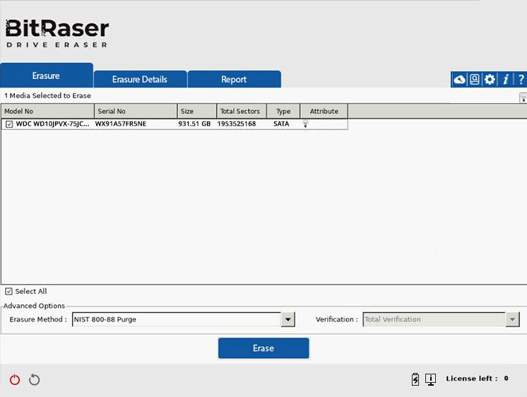 BitRaser Drive Eraser Main Screen with SATA drives