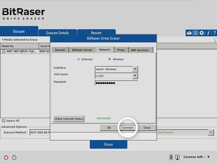 BitRaser Drive Eraser Network Tab Connect button highlighted