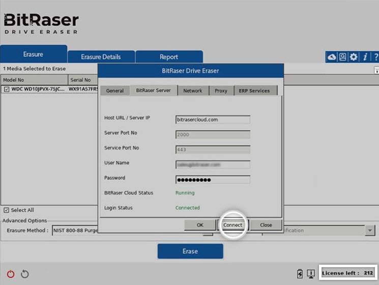 BitRaser Drive Eraser BitRaser Server tab with Connect button highlighted