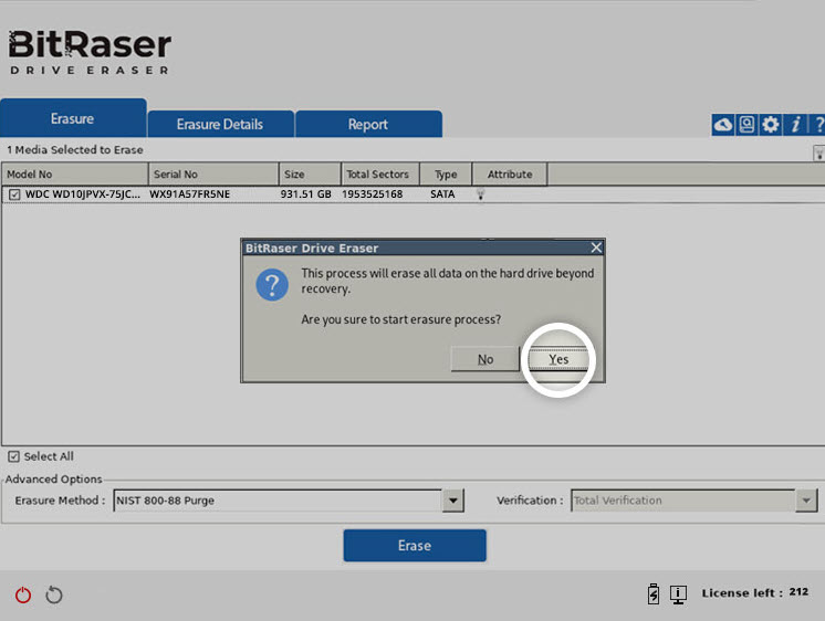 BitRaser Drive Eraser Erase all data on drive warning screen with Yes button highlighted