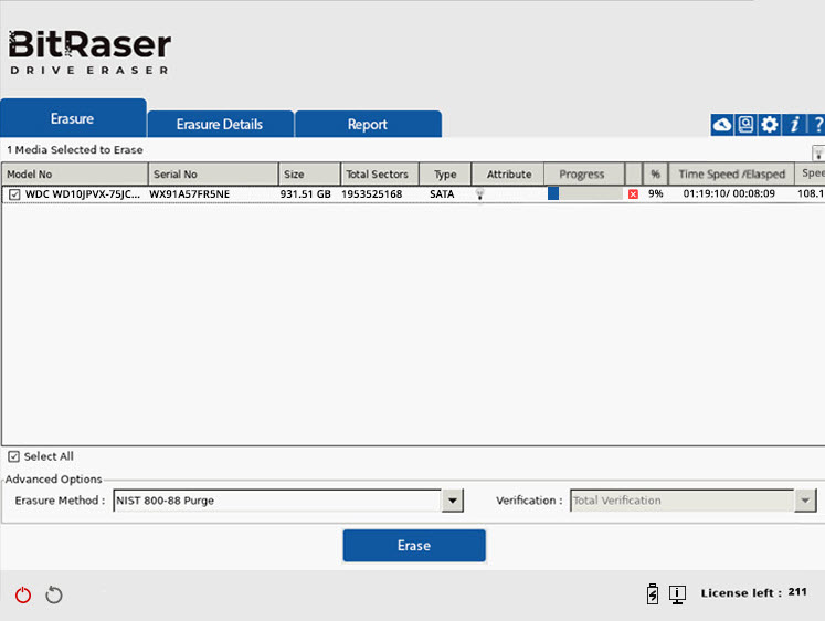 Eraser Progress Screen BitRaser Drive Eraser