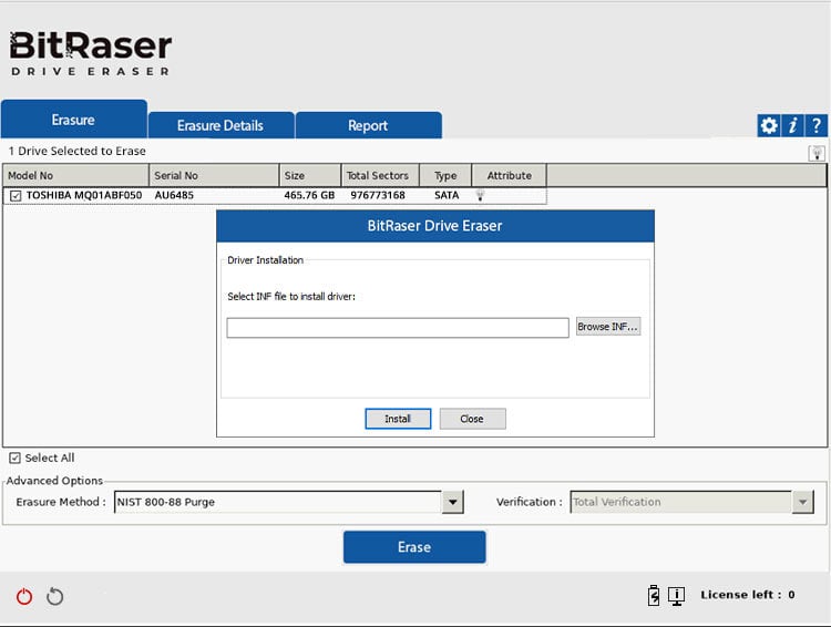 Select INF file to install driver screen with a button to browse for the INF file and Install it BitRaser Drive Eraser