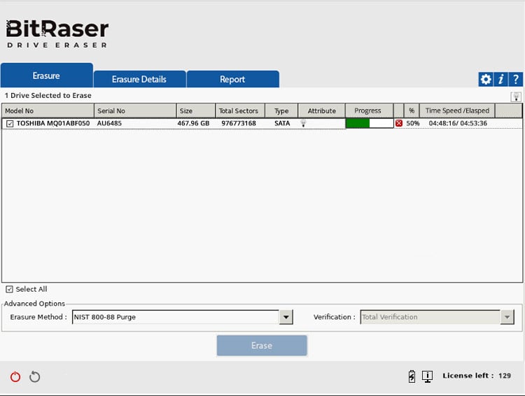 BitRaser Erasure progress screen with the progress bar at 50%