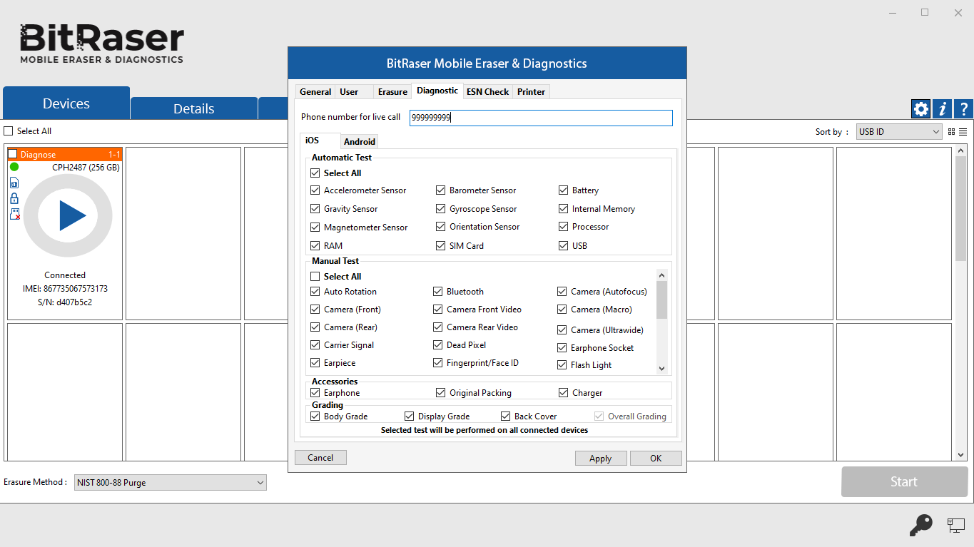 BitRaser Mobile Eraser: Diagnostics Settings Screen