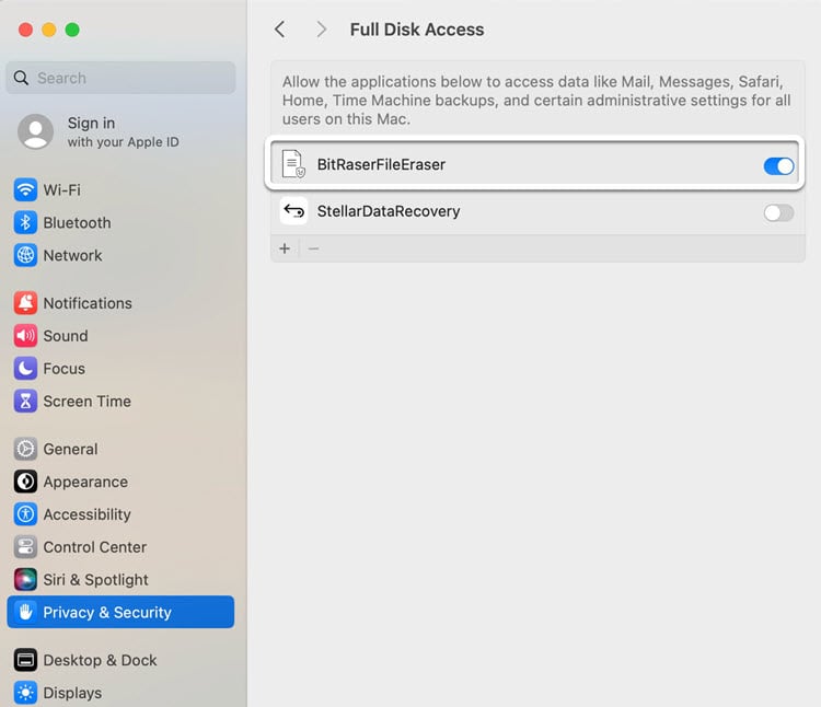 Full Disk Access Screen with the toggle button in blue signifying Full Disk Access has been given to BitRaser File Eraser Mac