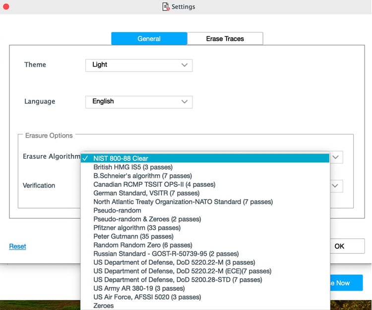 Settings Screen BitRaser File Eraser Corporate Mac with Erasure Algorithms showing