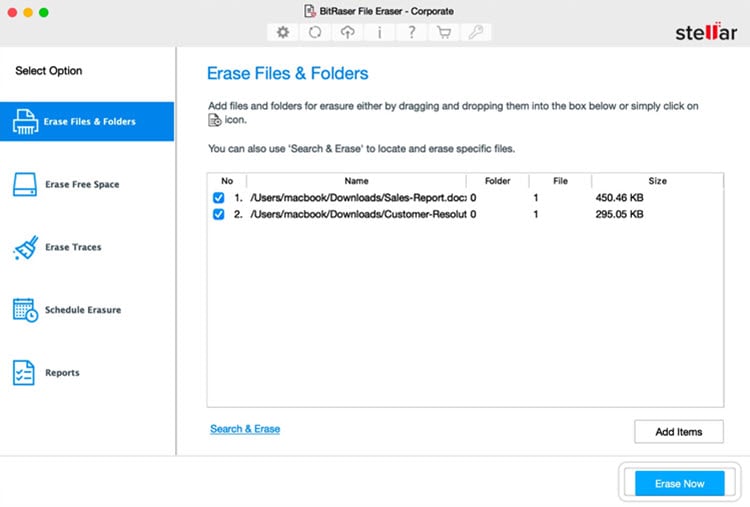 Erase Files & Folders Screen with Files selected to erase BitRaser File Eraser Corporate Mac