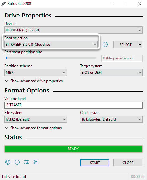 Screenshot of Rufus interface showing the creation of a bootable USB for BitRaser Drive Eraser.