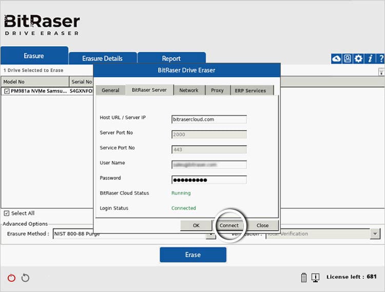 Interface of BitRaser Drive Eraser software showing connection to BitRaser Cloud, with drive details, network settings, and erasure options visible.