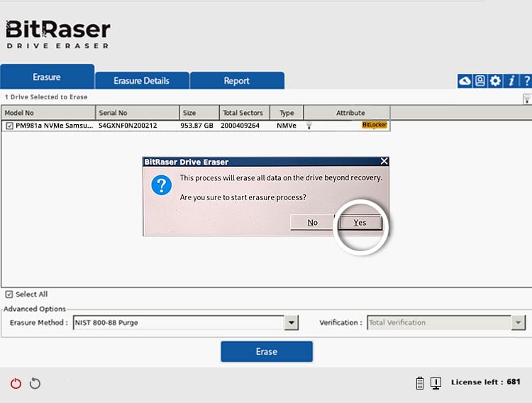 Interface of BitRaser Drive Eraser software showing a confirmation prompt for erasing a BitLocker drive, with drive details and erasure options visible.