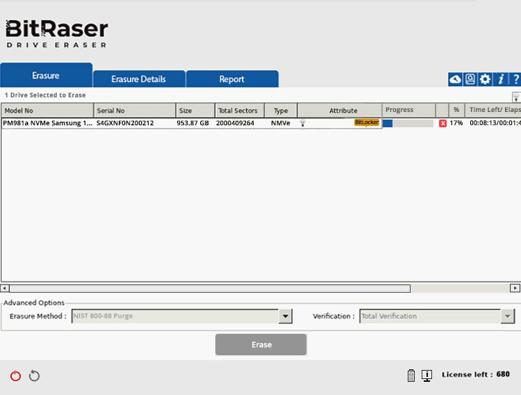 Interface of BitRaser Drive Eraser software showing the progress of erasing a BitLocker-encrypted drive, with drive details, progress status, and erasure options visible.