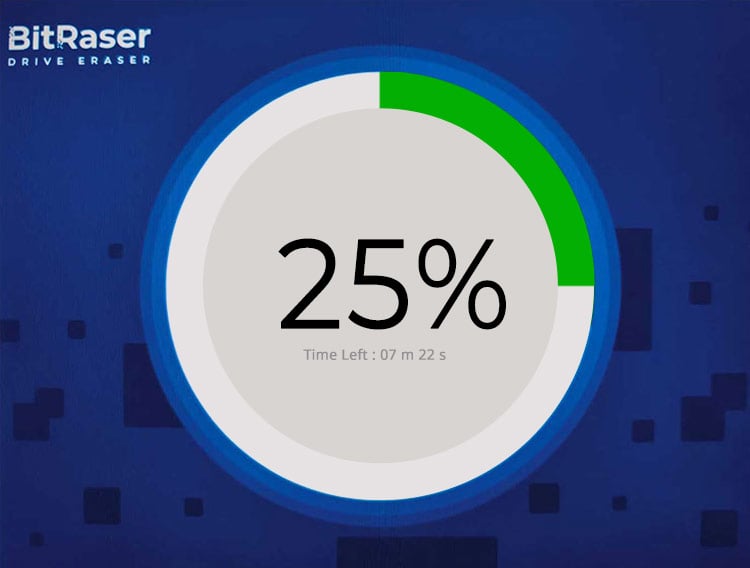 BitRaser Drive Eraser software Screensaver showing erasure progress at 25% with 7 minutes and 22 seconds remaining.