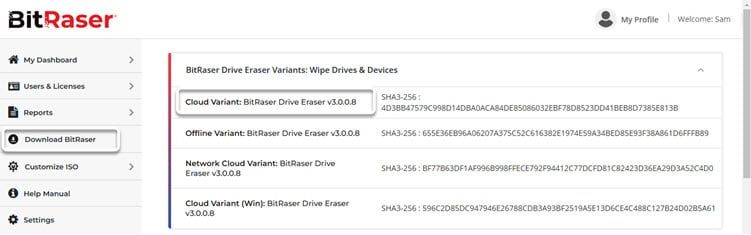 Screenshot of the BitRaser Cloud Console download section, displaying options for different BitRaser Drive Eraser variants, including Cloud Variant, Network Cloud Variant, and Cloud Variant