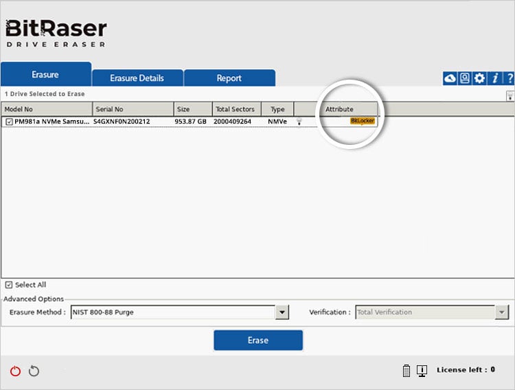  A screenshot of the BitRaser Drive Eraser software interface. The screen shows a selected drive with details such as model number (