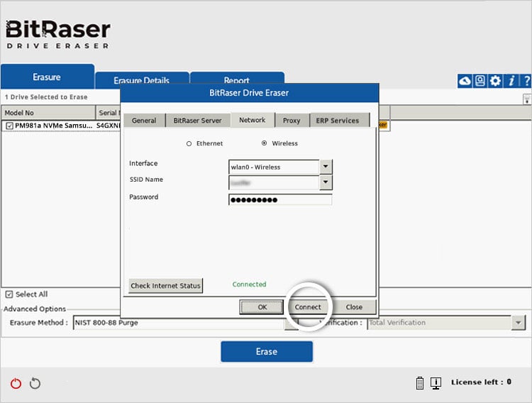 The BitRaser Drive Eraser interface shows a pop-up window titled 