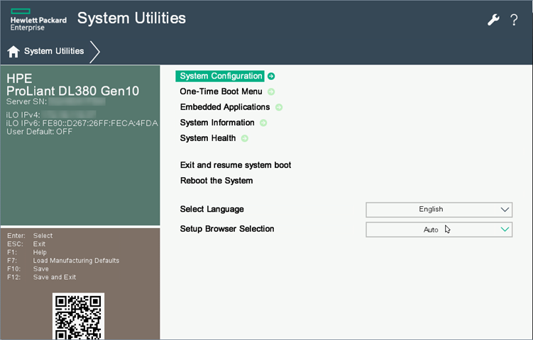 A screenshot of the HPE ProLiant Server System Utilities