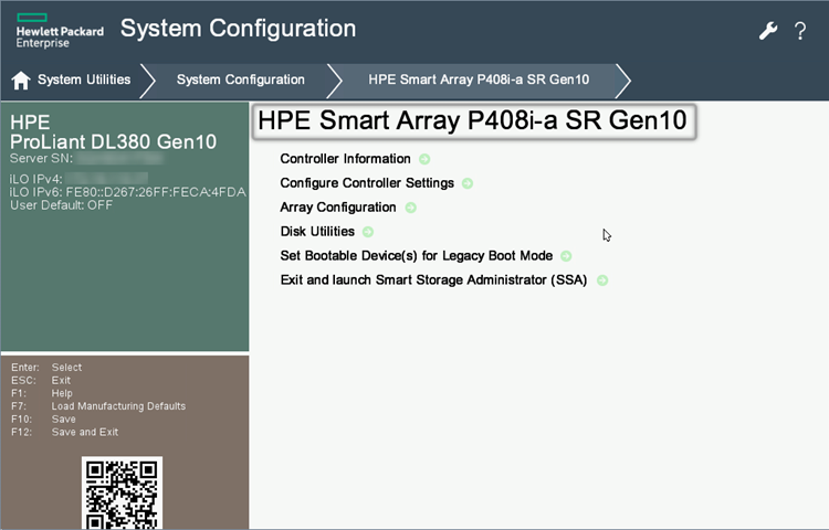 A screenshot of the HPE Smart Array P408i-a SR Gen10 Controller 