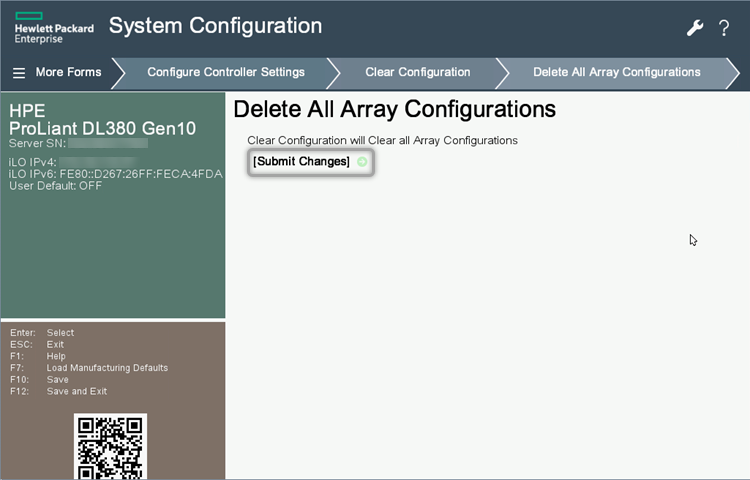 A screenshot of the Delete All Array Configurations HPE ProLiant Server