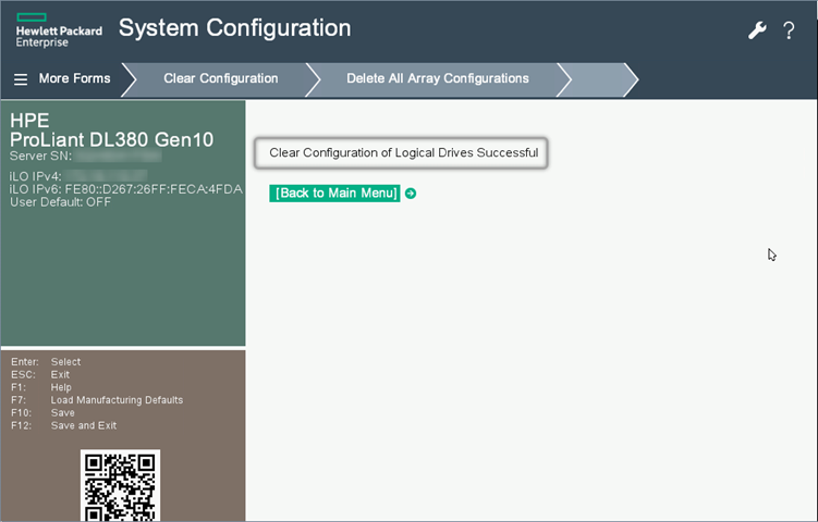 A screenshot of the Clear Configuration of Logical Drives Successful HPE ProLiant Server