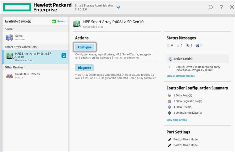 A screenshot of the Hewlett Packard Enterprise (HPE) Smart Storage Administrator interface