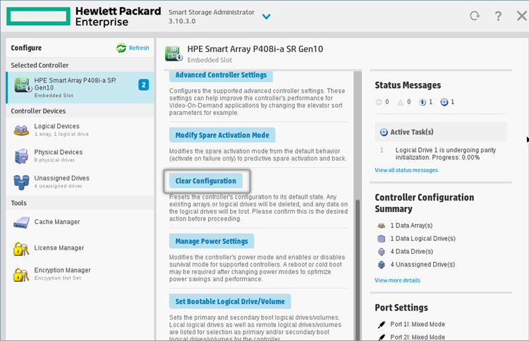 A screenshot of the Hewlett Packard Enterprise (HPE) Smart Storage Administrator interface Clear Configuration highlighted