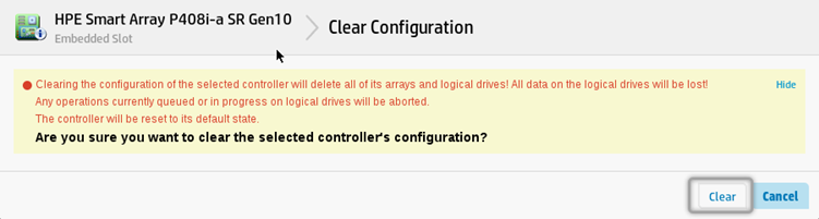 Clear Configuration Screen HPE ProLiant Server